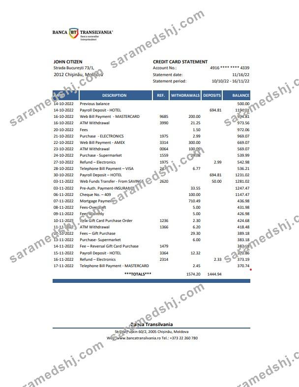 Moldova Banca Transilvania bank statement Excel and PDF template